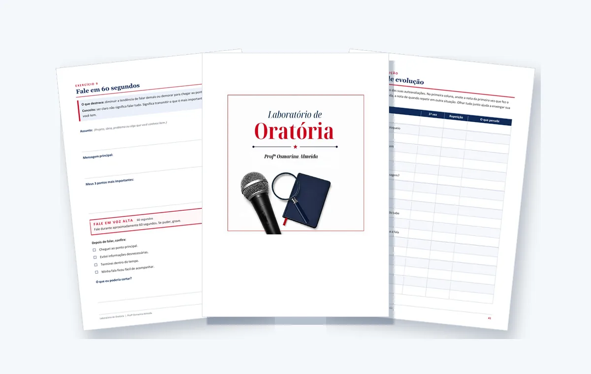 Páginas do workbook Laboratório de Oratória: capa, Exercício 9 Fale em 60 segundos e painel de evolução